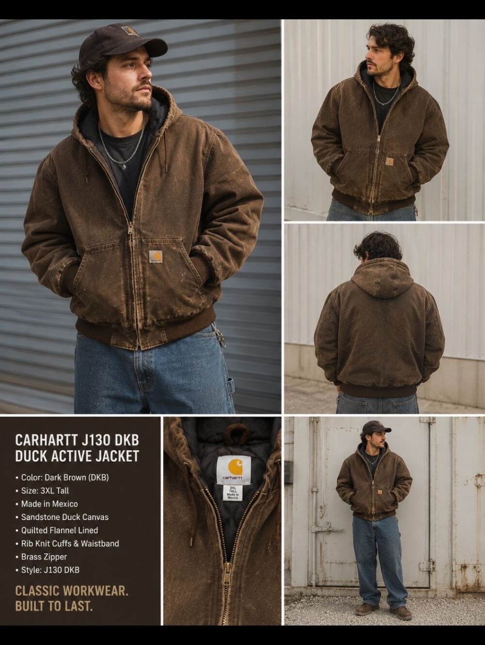 Carhartt J130 DKB Active Jacket 3XL Tall Dark Brown Hooded Duck Work Coat USA